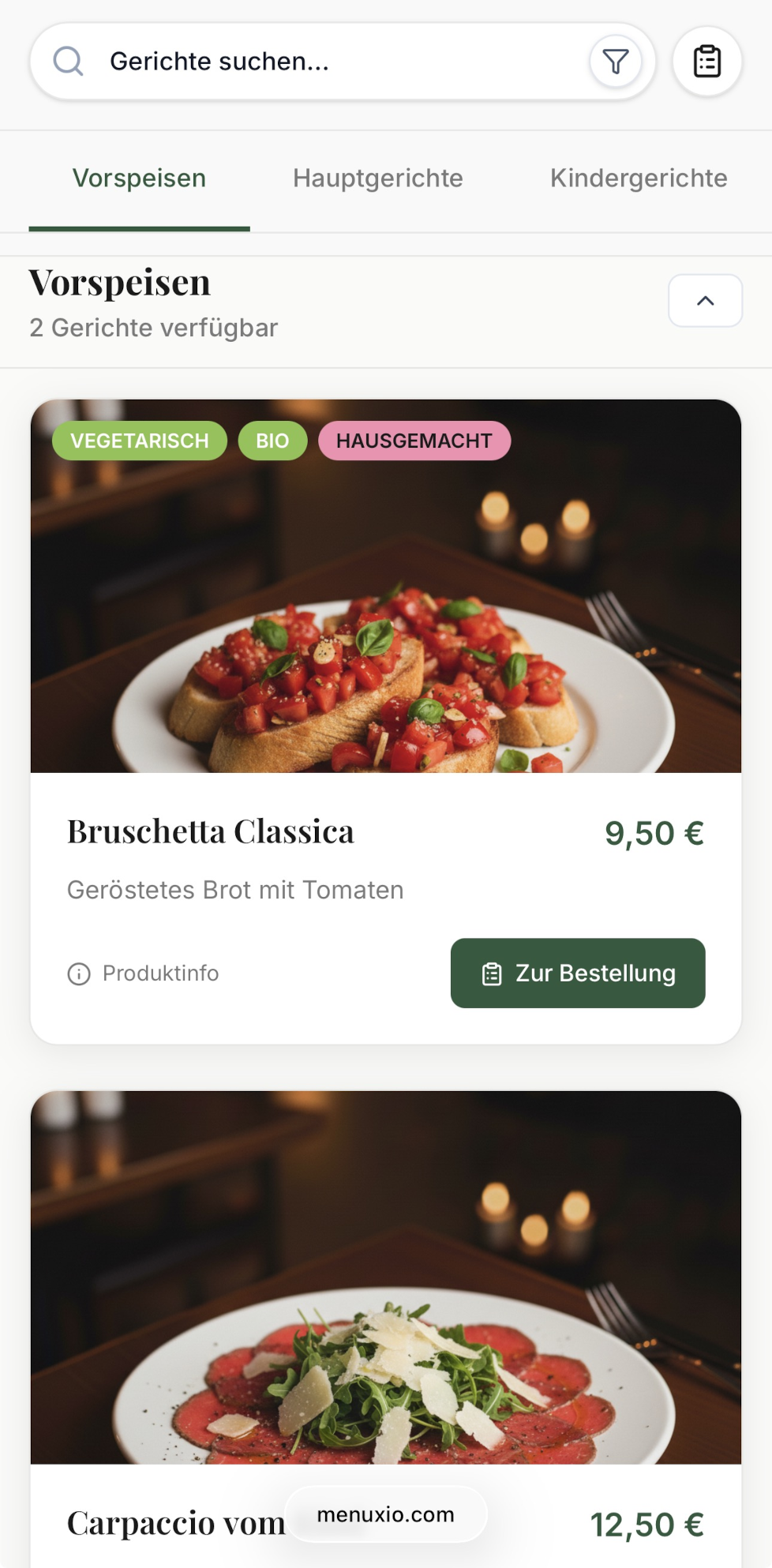 Digitale Speisekarte auf Smartphone